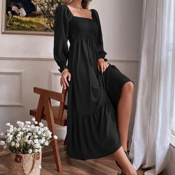 Boho Puff Sleeve Ruffle Maxi Dress Black - Picture 5 of 6